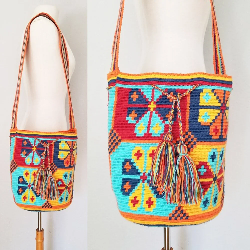 Wuitusu Large Handmade Crochet Wayuu Mochila Tribe‎ Crossbody Bucket Bag $110 - Picture 13 of 16